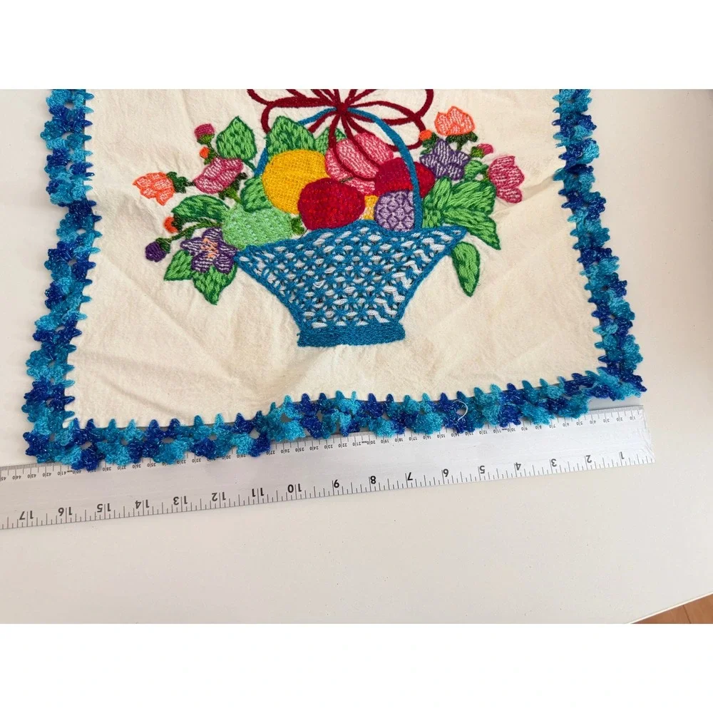 Vintage Hand Embroidered Fruit Basket Linen Napkin Blue Crochet Lace Trim 16x16